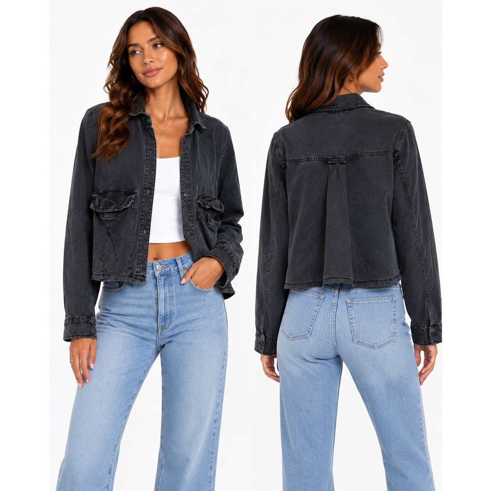 Vintage Havana Jacket Women Small Grey Cropped Lyocell Utility Button Up Shacket
